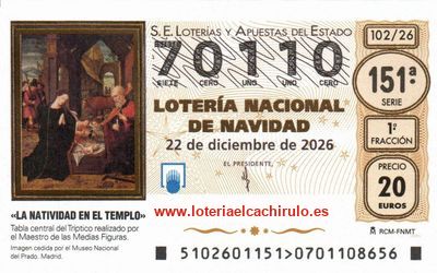 Anverso del d&eacute;cimo 70110 de la Loter&iacute;a de Navidad 2026, de Avil&eacute;s (Asturias)